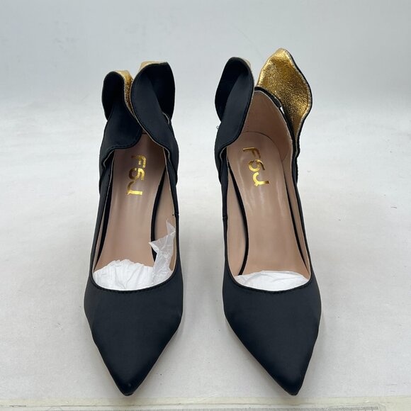 FSJ Black Satin Pumps Pointed Toe Crystal Block High Heels Slip On Wedding Shoes - Picture 3 of 8